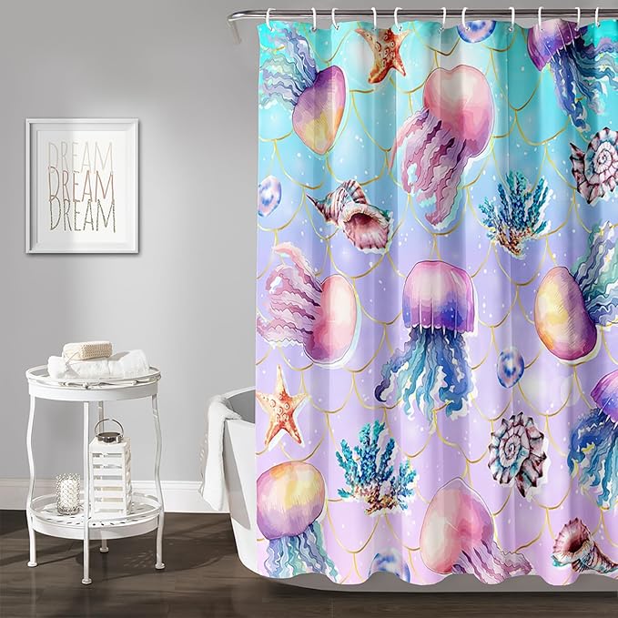 AILONEN Ocean Jellyfish Shower Curtain for Bathroom, Cute Jellyfish Mermaid Printed Bathroom Curtain,Girls Women Kids Coral Bath Curtain 36"W*72"H Polyester Waterproof Bathroom Curtain With 12 Hooks
