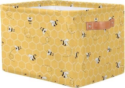 Honeycomb Bee Storage Basket Collapsible Storage Bin Large Fabric Storage Boxes Organizer with Leather Handles for Clothes Toys Books Kitchen Laundry 1Pc