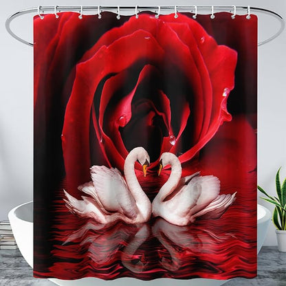 AILONEN 3D Printed Rose Shower Curtain,Red Rose Bath Curtain, White Swan Shower Curtain for Bathroom Decor,72" W*96" H Polyester Waterproof Bath Curtain with 12 Hooks