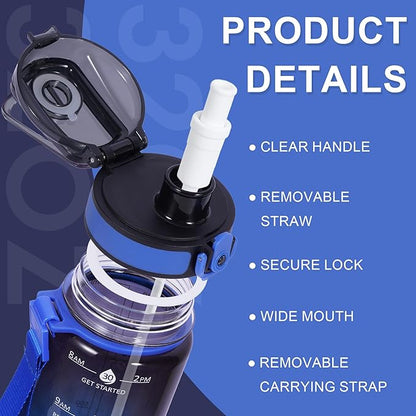 32 oz Water Bottle with Detachable Straw, Clear Motivational Water Bottles with Time to Drink, Tritan & BPA Free Sports Water Jug with Time Marker, Upgraded handle design