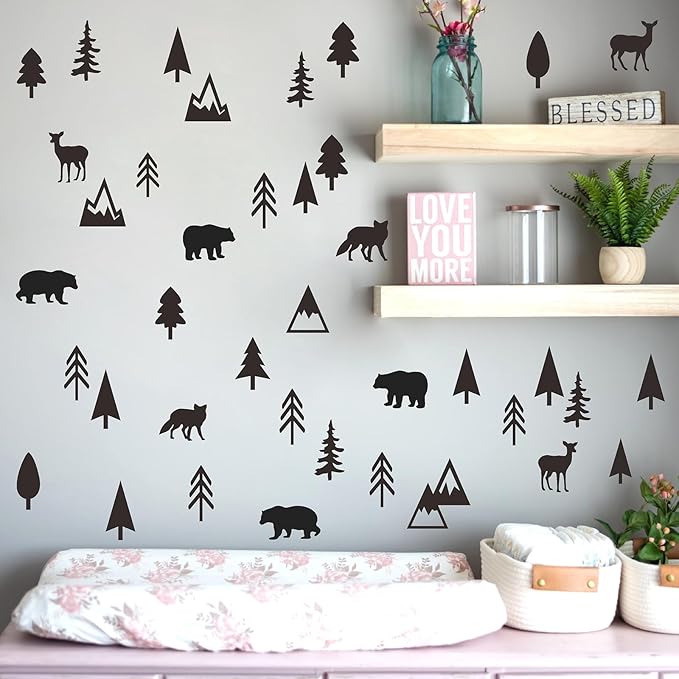 Woodland Animal Wall Stickers Small Pine Tree Wall Decals Vinyl Black Wall Decals Mountain Tree Animals Wall Stickers Jungle Deer Bear Fox Forest Wall Decals Woodland Nursery Kids Room Decor