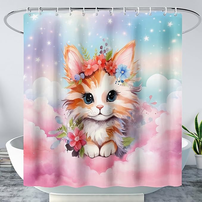 AILONEN Kawaii Cat Shower Curtains,Pink Sky Flora Cat Bath Curtains Gifts for Cat Lover,Cartoon Cat Curtains,Polyester Waterproof with 12 Plastic Hooks 72" W*72" H