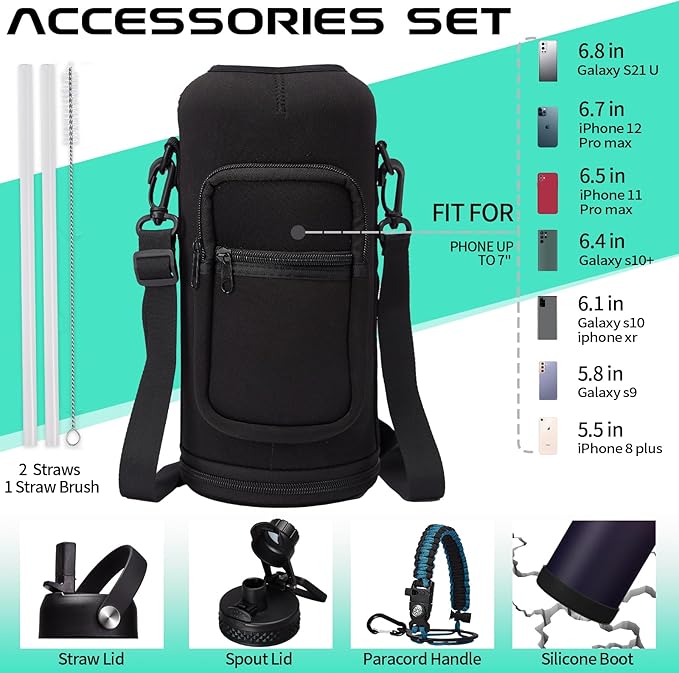 87/128 oz Insulated Water-Bottle with straw - Gallon Water Bottles with Phone Holder, Stainless Steel Water Jug with Strap & Auto Chug Lids, Gym Camping Sport Metal Flask w/Paracord Handle