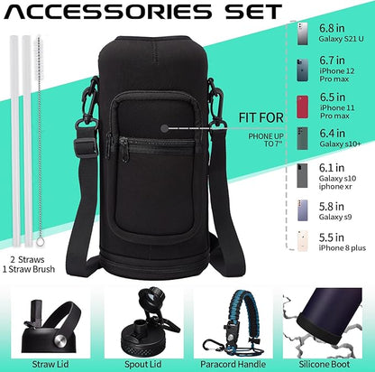 87/128 oz Insulated Water-Bottle with straw - Gallon Water Bottles with Phone Holder, Stainless Steel Water Jug with Strap & Auto Chug Lids, Gym Camping Sport Metal Flask w/Paracord Handle