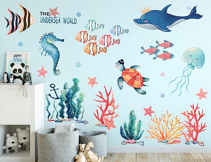 8 Sheets Under The Sea World Wall Decals Ocean Animals Wall Decals Removable DIY Ocean Fish Seahorse Coral Turtle Wall Decor for Kids Baby Bathroom Bedroom Living Room Playroom TV Wall Decor