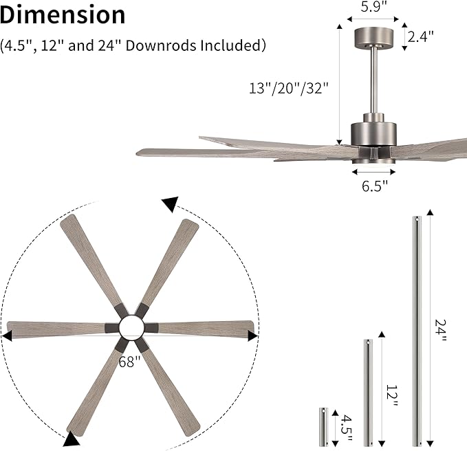 68 Inch Ceiling Fan with Lights and Remote Control, 6 Reversible ABS Blades, 6-Speed Noiseless DC Motor with 4.5" / 12" / 24" Downrods for Bedroom Dining Living Room, Antique Nickel and Gray