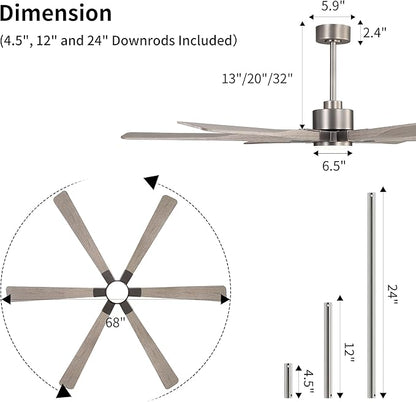 68 Inch Ceiling Fan with Lights and Remote Control, 6 Reversible ABS Blades, 6-Speed Noiseless DC Motor with 4.5" / 12" / 24" Downrods for Bedroom Dining Living Room, Antique Nickel and Gray