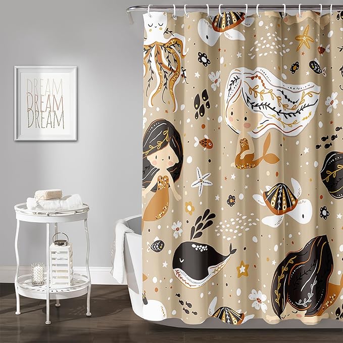 AILONEN Mermaid Shower Curtain,Octopus Whale Retro Mermaid Bath Curtain,Ocean Beach Polyester Waterproof for Bathroom,60" W*72" H with 12 Plastic Hooks