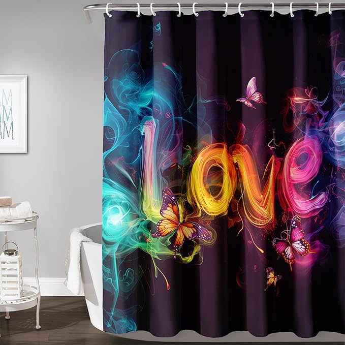 AILONEN Love Theme Shower Curtain for Bathroom,Romantic Smoky Butterfly Bath Curtain,Gradient Love Shabby Chic Print Black Shower Curtain with 12 Plastic Hooks,Waterproof 72" W*84" H