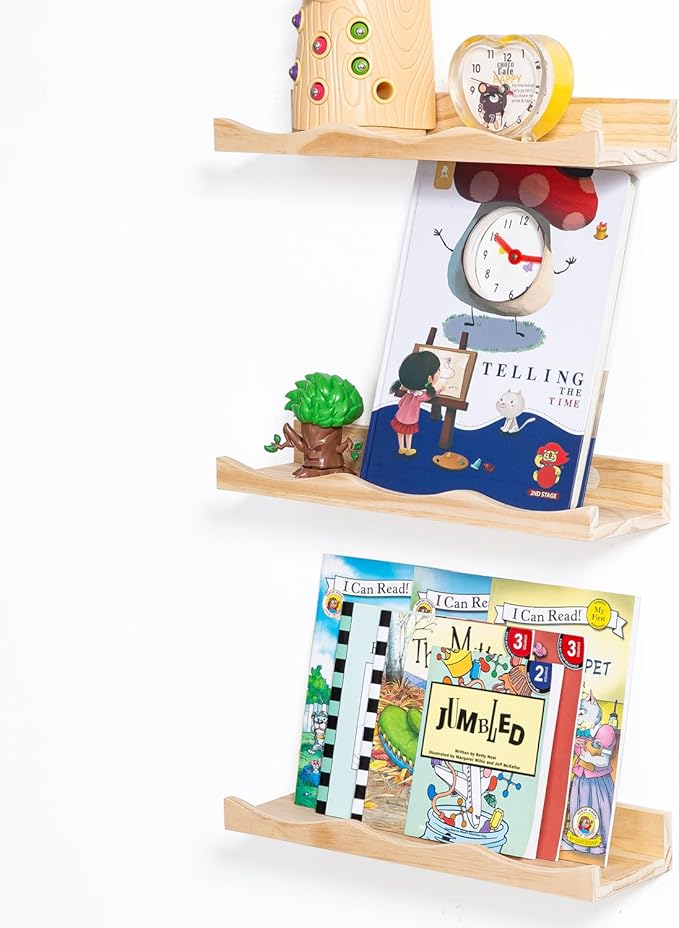 AZSKY Floating Bookshelf for Kids, Picture Ledge Shelf for Wall Decor and Storage 16 Inches Nursery Book Shelves Set 3, Baby Book Shelf for Kids Room Decor(Natural Wood) (Natural, 16Inch)
