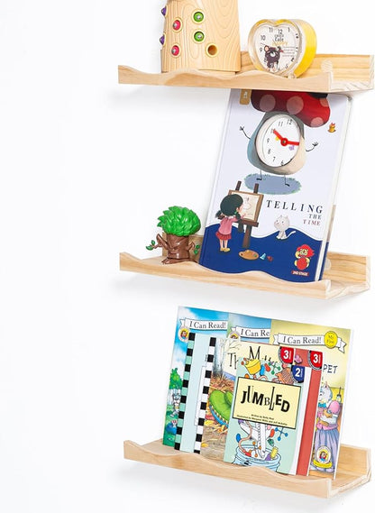 AZSKY Floating Bookshelf for Kids, Picture Ledge Shelf for Wall Decor and Storage 16 Inches Nursery Book Shelves Set 3, Baby Book Shelf for Kids Room Decor(Natural Wood) (Natural, 16Inch)