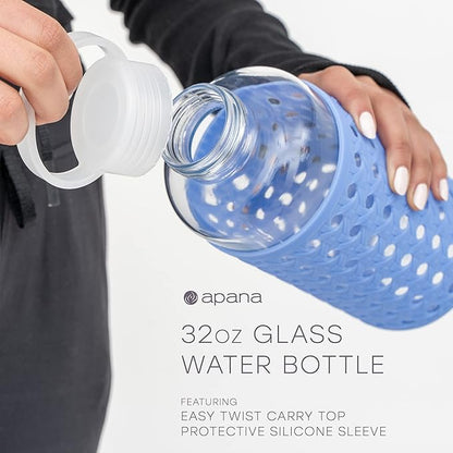 Apana Yoga Glass Water Bottles BPA Free Non Slip Sleeve Leak Proof Lid Reusable 19 Oz and 32 Oz Sports Water Bottle Wide Mouth Lid Portable Hydration Tumbler
