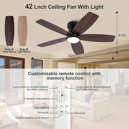 42 inch Ceiling Fans with Lights and Remote,Flush Mount Black Ceiling Fan,Memory Fuction Reversible Quiet DC Motor Low Profile Ceiling Fans For Living Room Bedroom Indoor Outdoor(Black&Walnut)