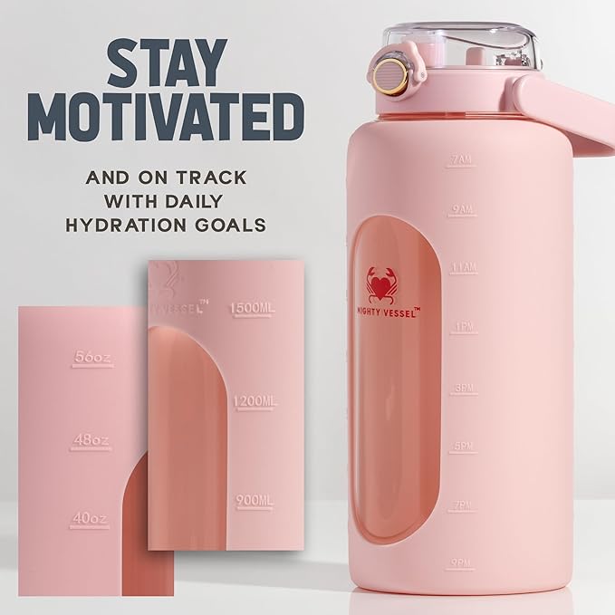 64oz Glass Water Bottle | Pink Water Bottle with Straw & Time Marker | Half Gallon Water Bottle with Measurements & Silicone Sleeve | Suitable for Travel, Gym, Sports & Daily Intake