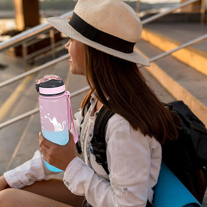 Floral Cat Water Bottle with Straw, Carry Strap, LeakProof, Tritan BPA Free, 32 Oz Motivational Water Bottle with Time Marker to Ensure You Drink Enough Water for Gym Fitness Outdoor