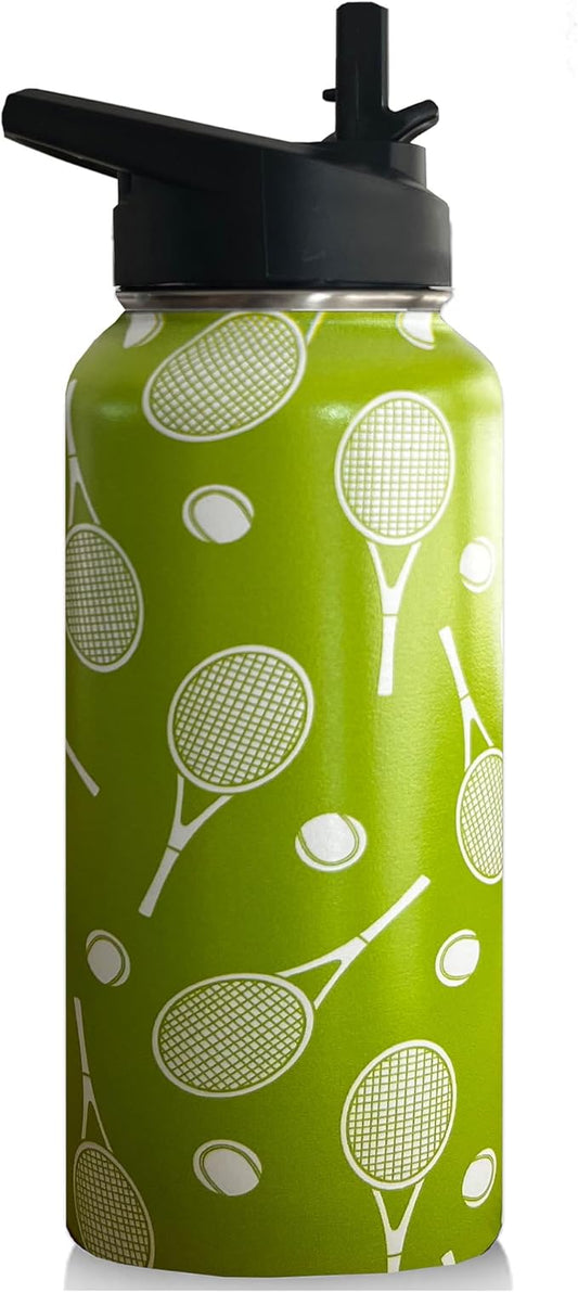 32 oz Tennis Water Bottle Insulated Vacuum Stainless Steel Sports Water Bottle with 2 Lids (Straw and Spout Lid) for Gym Camping Hiking