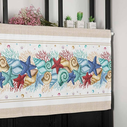 Coastal Beach Kitchen Curtains Valances for Windows Nautical Ocean Seashell Coral Starfish Rod Pocket Window Treatment for Kitchen /Living Room/Bedroom/ Bathroom, 60" X 18", Brown Aqua Summer