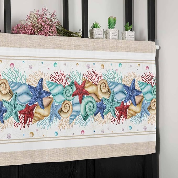 Coastal Beach Kitchen Curtains Valances for Windows Nautical Ocean Seashell Coral Starfish Rod Pocket Window Treatment for Kitchen /Living Room/Bedroom/ Bathroom, 54" X 18", Brown Aqua Summer