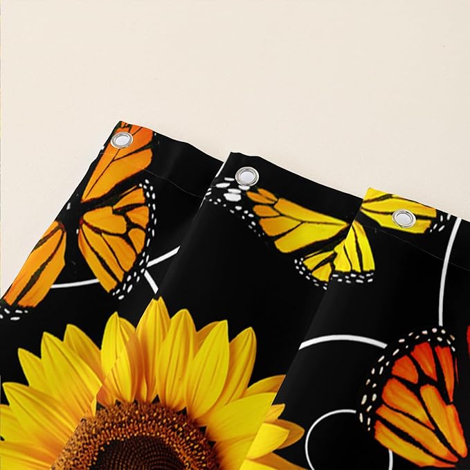 AILONEN Yellow Sunflower and Butterfly Shower Curtain,Garden Flower Black Bath Curtain,Modern Botanical Floral Waterproof Shower Curtain, 72" W x 78" H