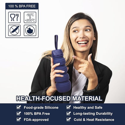 FOLDABLE SILICONE SPORTS WATER BOTTLE BPA FREE FOR WOMEN MEN 550ML CAMPING HIKING OUTDOOR SPORTS DRINKWARE/COLOR BLUE