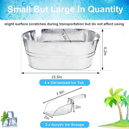 4Pcs Ice Buckets for Parties, 4 Gallon Small Metal Bucket Galvanized Ice Tub Stainless Steel Beverage Drink Buckets Bulk with 2Pcs Ice Scoops, Each for 5-6 Bottles of Beer Wine Champagne