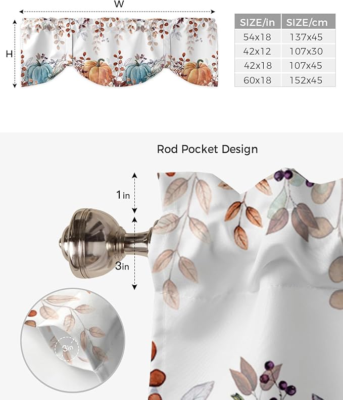 Fall Thanksgiving Blackout Tie Up Valance Curtains for Kitchen Windows Watercolor Autumn Pumpkins Eucalyptus Leaves Window Toppers Balloon Shades for Living Room/Bathroom/Bedroom,42" X 12",Blue Orange