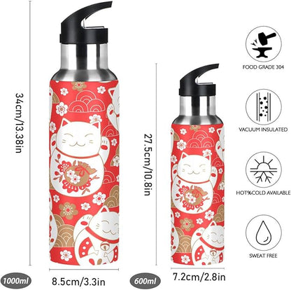 ALAZA Lucky Cat Maneki Neko Red Water Bottle With Straw Lids Boys Girls,Vacuum Insulated Leakproof Stainless-Steel Sports Bottle Thermal Flask For Gym Yoga Camping,34Oz (1000Ml)