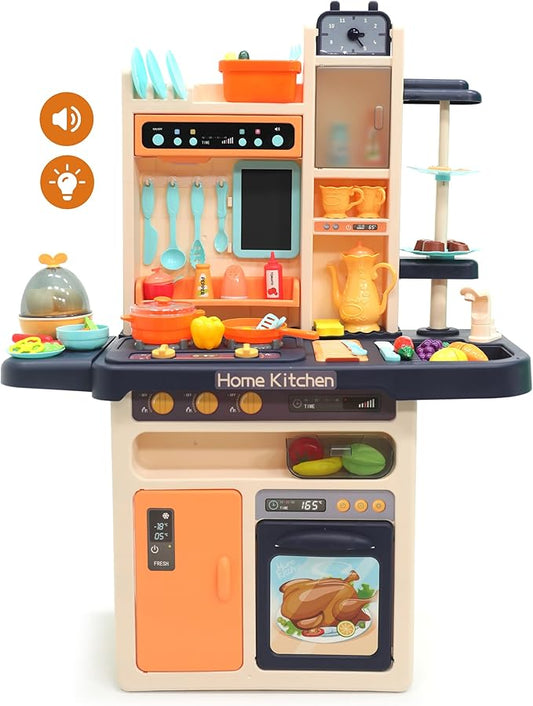 Kids' Play Kitchen Set, 27.95 x 11.22 x 36.81 Inch, 65-Piece Toy Kitchen Playset with Functional Faucet, Realistic Steam Effects, Lights and Sounds, and Other Kitchen Accessories (Blue)