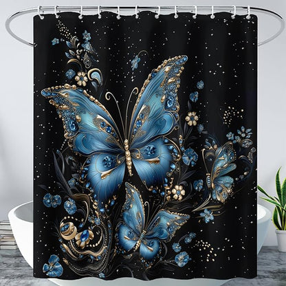 AILONEN Butterfly Shower Curtain for Bathroom, Blue Butterfly Waterproof Shower Curtain,Modern Fashion Minimalist Shower Curtain Bathroom Decor with 12 Plastic Hooks 72" W*84" H