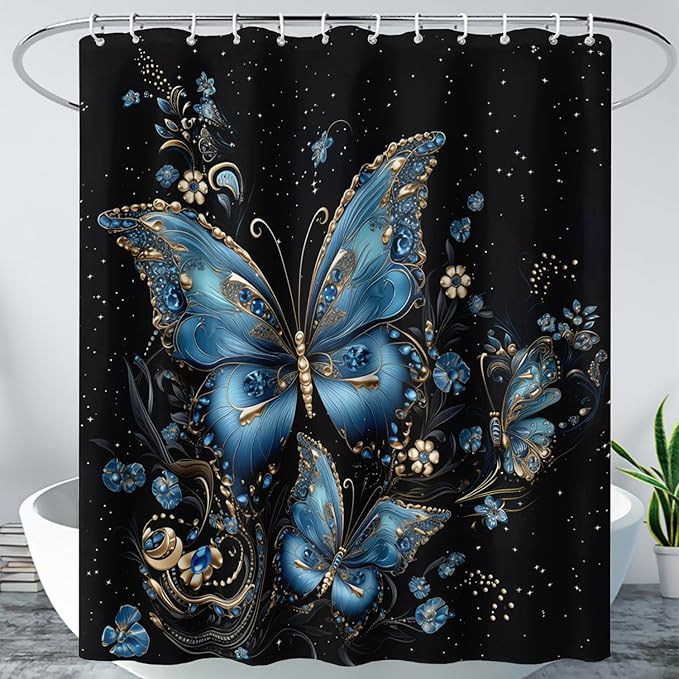 AILONEN Butterfly Shower Curtain for Bathroom, Blue Butterfly Waterproof Shower Curtain,Modern Fashion Minimalist Shower Curtain Bathroom Decor with 12 Plastic Hooks 36" W*72" H