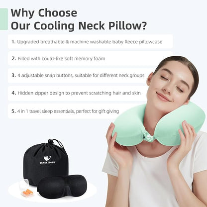 Travel Pillow, Cooling Neck Pillow Airplane Memory Foam with Sleep Mask Earplugs, Soft & Support Airplane Pillow for Travelling Plane Car Train Home Use, Light Green