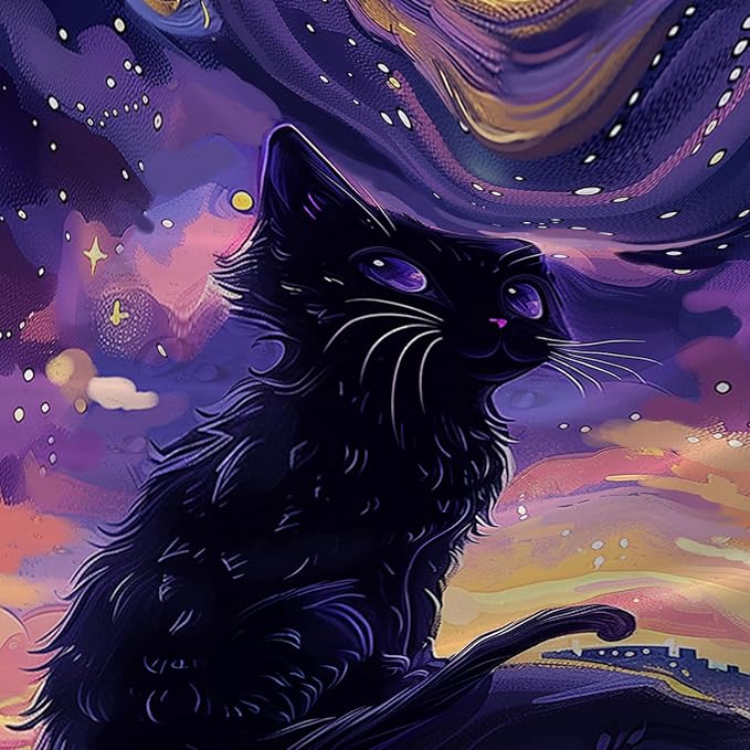 AILONEN Black Cat Shower Curtain,Cartoon Mother Son Kitten Shower Curtain Set for Kids Boys Girls,Boho Style Starry Night Shower Curtain with Hooks for Bathroom,72" W*72" H