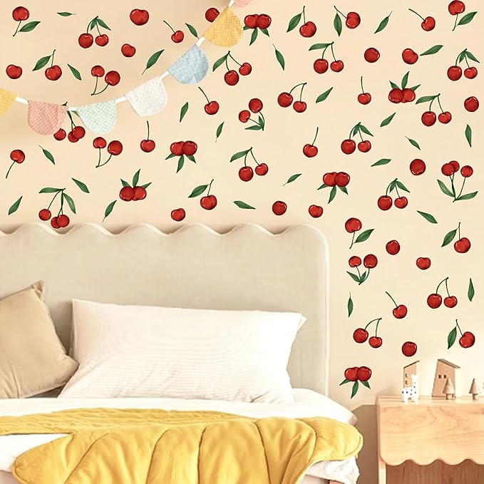 Red Cherry Wall Decals Cherries Fruit Wall Stickers Peel and Stick Kitchen Wall Stickers Removable Boho Green Leaves Wall Decals Watercolor Fruit Leaf Stickers for Nursery Bedroom Decor