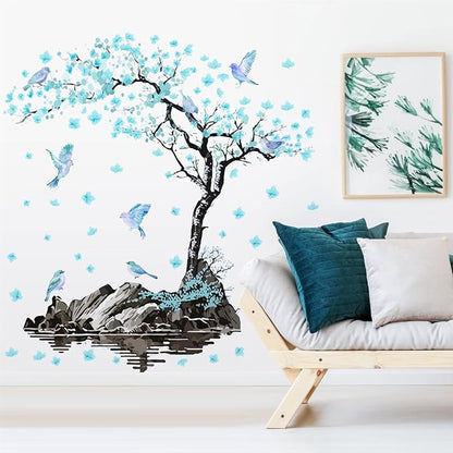 Large Flower Tree Wall Decals Blue Blossom Floral Wall Stickers Peel and Stick Wall Art Mural for Girls Bedroom Living Room Watercolor Bird Tree Branch Wall Stickers for Kitchen TV Background Decor