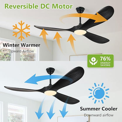 52 Inch Ceiling Fans with Lights and Remote Control, Wood Outdoor Ceiling Fan with Light 3 Blade Modern Black Ceiling Fans Propeller for Patios Porch Garage, ETL Listed DC Motor, Matte Black