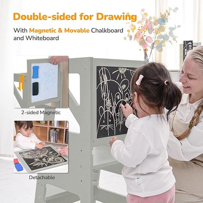 Toddler Step Stool - Toddler Tower with Message Boards & Safty Rail, Adjustable Height Learning Tower for Toddlers 1-3, Chalkboard and Whiteboard, Anti-Slip Protection,Wooden Toddler Counter (Grey)