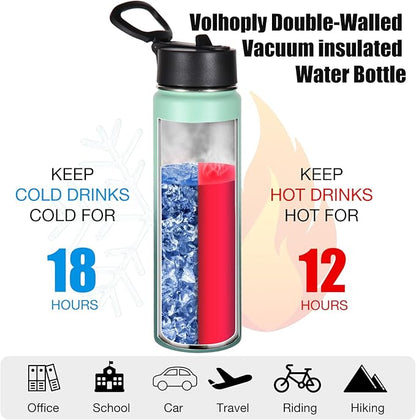 Volhoply 24oz Insulated Water Bottle With Straw Bulk 3 Pack,Metal Wide Mouth Water Bottles With Handle Lid Keep Cold,Reusable Double Wall Thermos,Powder Coated Sport Bottle For Holder(Mojito,3 Count)