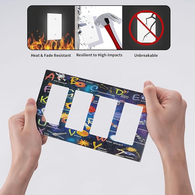 ABC Outer Space 4 Gang Rocker Decora Light Switch Cover Alphabet Galaxy Decorative Outlet Covers Wall Plate Electrical Faceplate Switchplate GFCI for Kidroom Nursery Boyroom Living Room Decor