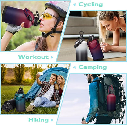 64OZ Vacuum Insulated Water Bottle - Keep Hot Cold Vacuum Flasks with Straw & Spout Lids, Paracord Handle, Water Bottler Carrier Holder & Protective Cup Mat, 1.8L Stainless Steel Water Jug