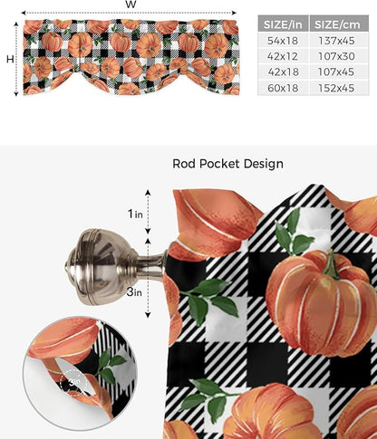 Fall Blackout Tie Up Valance Curtains for Kitchen Windows Thanksgiving Halloween Pumpkins Window Toppers Balloon Shades for Living Room/Bathroom/Bedroom,42" X 12" Farmhouse Black White Buffalo Plaid