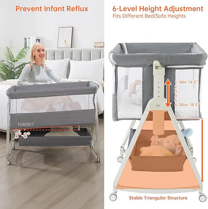 3 in 1 Baby Bassinet Bedside Sleeper, 6 Height Adjustable Portable Baby Crib Bedside Bassinet with Wheels, Mosquito Net & Storage Basket for Safe Co-Sleeping, Fit for Newborn/Infants (Gray)