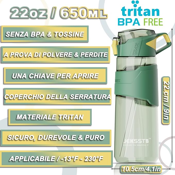 Sports Bottle - 22oz, Water Bottle with Straw, Leak Proof Flip Top Simple Modern Water Bottle, BPA Free Tritan Plastic Water Bottle. Suitable for Gym, Outdoor Travel Sports Enthusiast (Green)