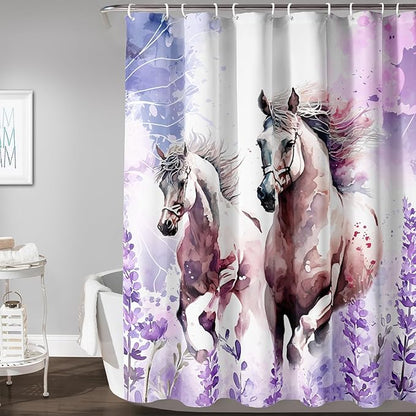 AILONEN Watercolor Flower Horse Shower Curtain,Galloping Horse Bath Curtain,Purple Lavender Horse Decoration Bathroom Curtain with 12 Plastic Hooks,Waterproof 48" W*72" H
