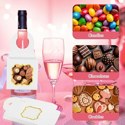 40PCS Wine Bottle Box with Window, Megitzuu Kraft Paper Wine Boxes for Gifts Hanging Wine Treat Box Mini Charcuterie Boxes Empty Champagne Bottles Gold Foil Gift Box Hanger Candy Box for Party (White)