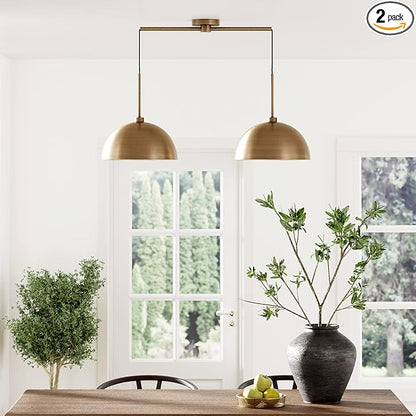 Nathan James Percy Modern 2-Light Pendant Island Light Fixture, Brass Hanging Lights with Gold Metal Shade and Adjustable Cord, for Kitchen, Living Room, Vintage Brass, Set of 2