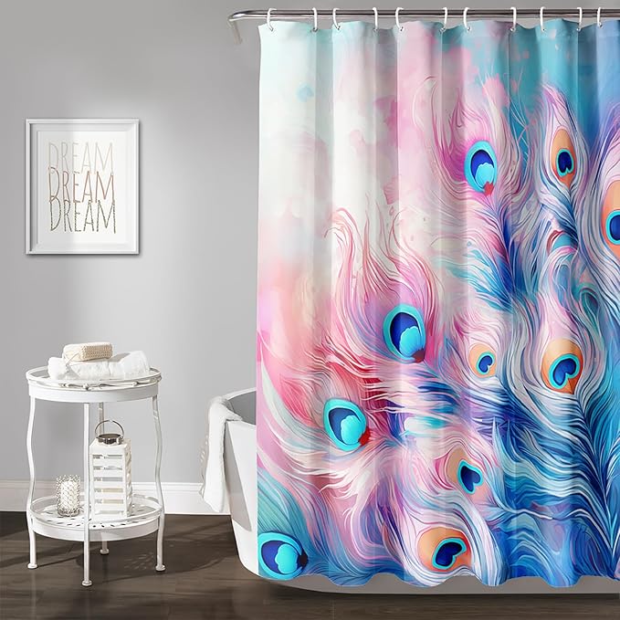 AILONEN Peacock Shower Curtain for Bathroom, Pink and Blue Peacock Feather Print Shower Curtain,Fashion Tie Dye Bath Curtain for Girls Women Waterproof 72" W*96" H