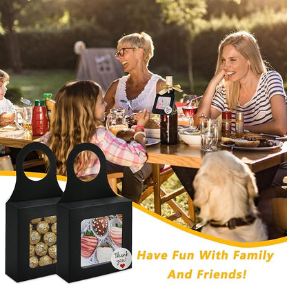50 Pcs Wine Bottle Box with Window,Hanging Foldable Wine Boxes for Gifts, Kraft Paper Empty Bottle Hanger Box with Thank You Stickers and Champagne Ribbon for Candy Chocolate Cookies(Black)
