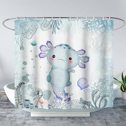 AILONEN Cute Axolotl Shower Curtain for Bathroom Teal Blue Ocean Beach Coastal Bath Curtain Decor 72" W*72" H Polyester Fabric Waterproof Bathroom Curtain with 12 Hooks