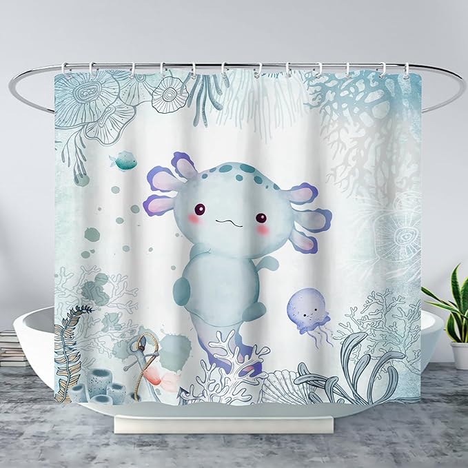 AILONEN Cute Axolotl Shower Curtain for Bathroom Teal Blue Ocean Beach Coastal Bath Curtain Decor 72" W*78" H Polyester Fabric Waterproof Bathroom Curtain with 12 Hooks