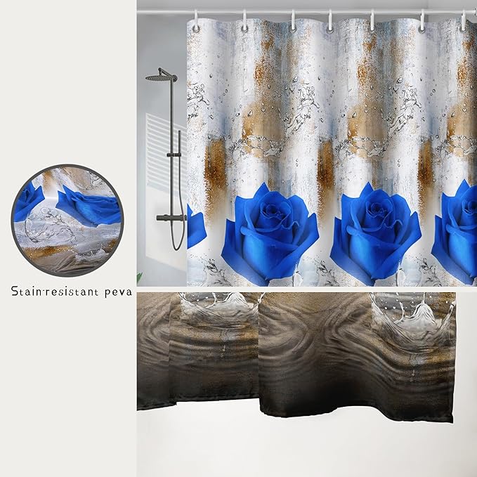 AILONEN Blue Rose Shower Curtain for Girls 3D Rose Water Droplet Retro Bathroom Decor,Modern Rose Flower Couple Lover Women Bath Curtain 36" W*72" H Polyester Waterproof Bathroom Curtain with Hooks